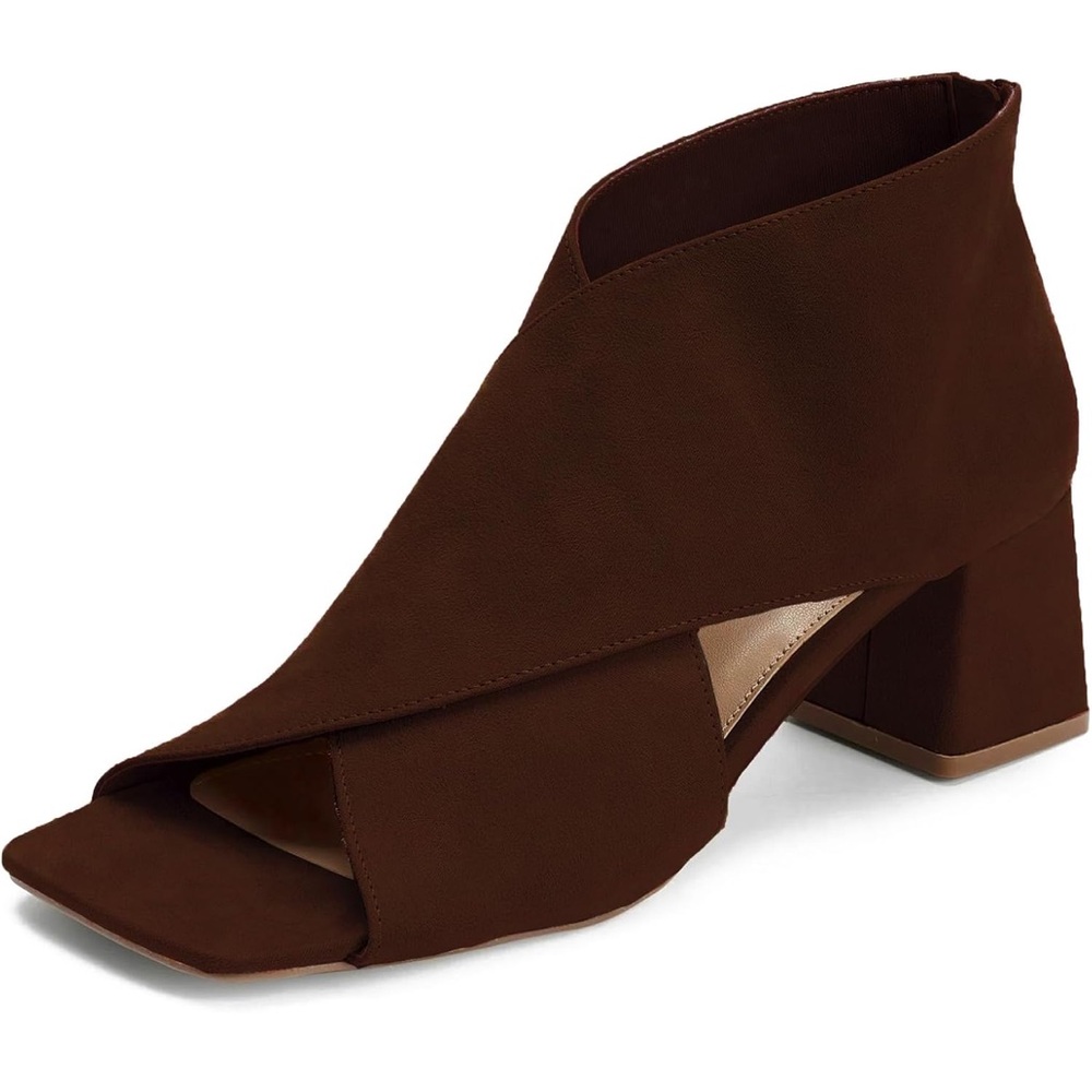Chunky Heel Open Toe Booties Suede Side Cut-Out Ankle Boots Square Peep Toe 2 “